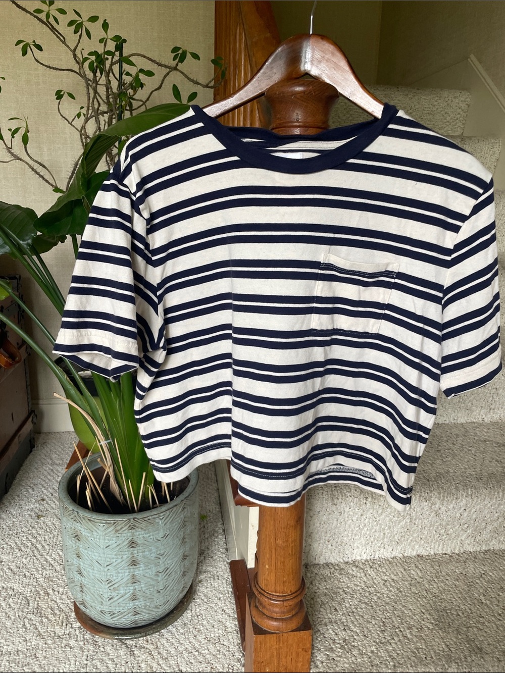 GAP Navy and White Striped Cropped Cotton Crewneck Pocket Tee